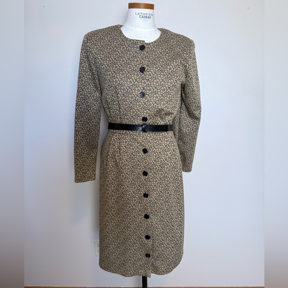 Willow Ridge Vintage button up belted floral tan brown black floral dress small